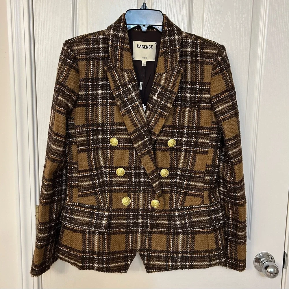 L'AGENCE Kenzie Plaid Tweed Double-Breasted Blazer in Brown / Gold Size 6 - Picture 9 of 15